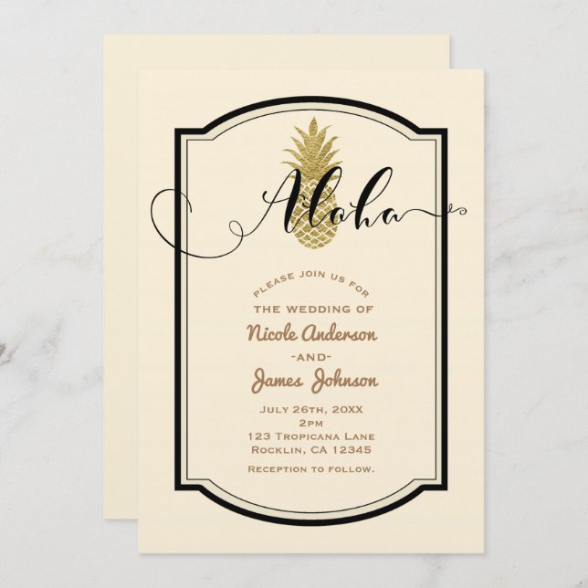 Gold Pineapple & Black Rustic Pineapple Tropical Invitation (Front/Back)