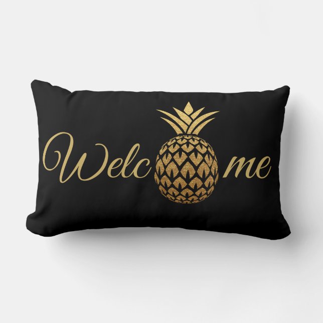 Gold Pineapple Black Welcome Lumbar Cushion (Front)