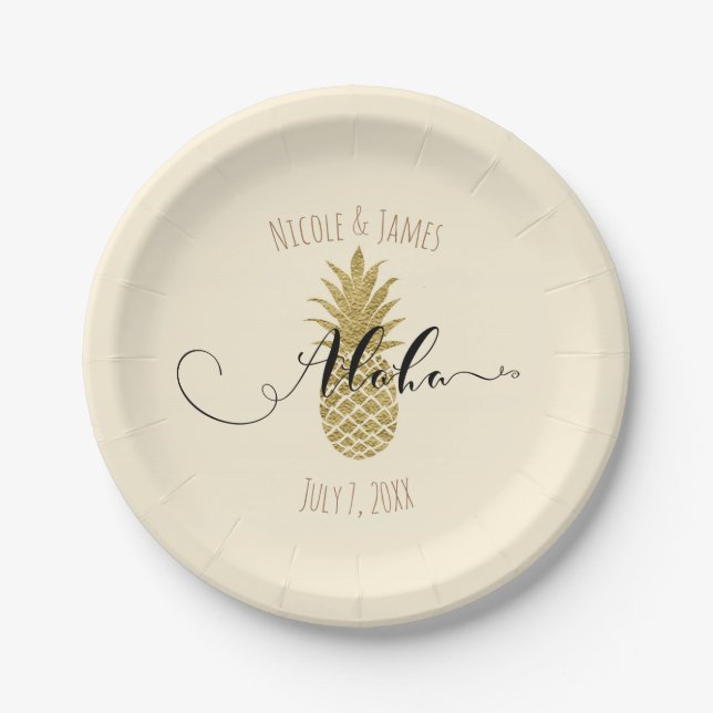 Gold Pineapple Cream Tropical Elegant Wedding Paper Plate (Front)