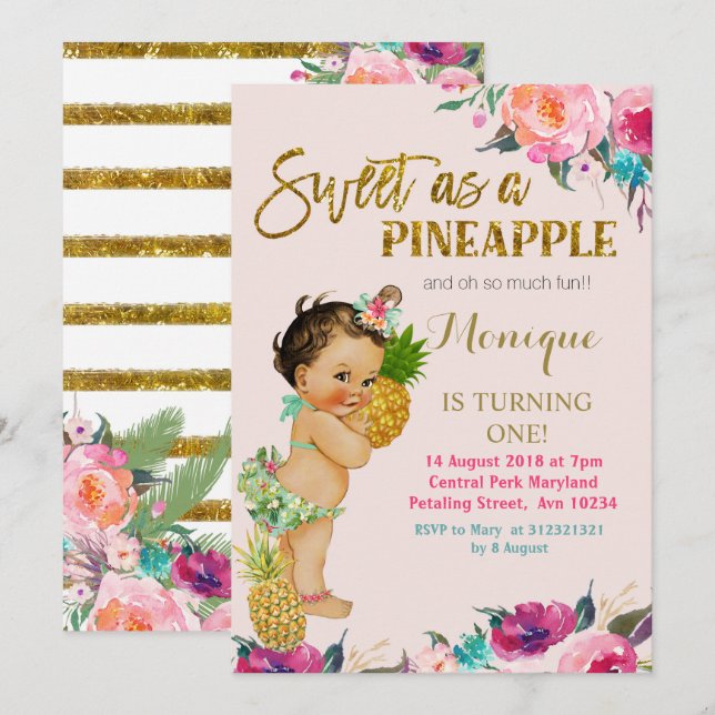 Gold Pineapple FIRST Birthday Invitation (Front/Back)