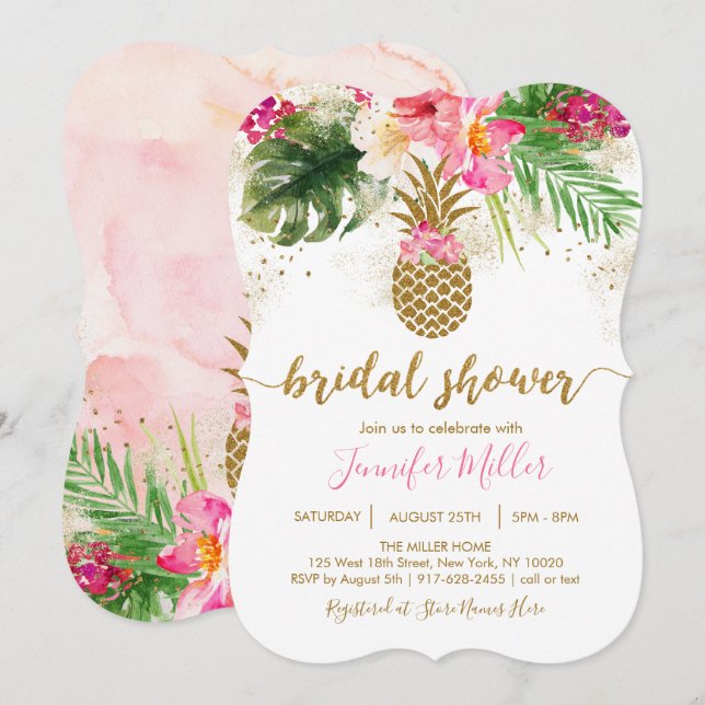 Gold Pineapple Floral Tropical Bridal Shower Invitation (Front/Back)