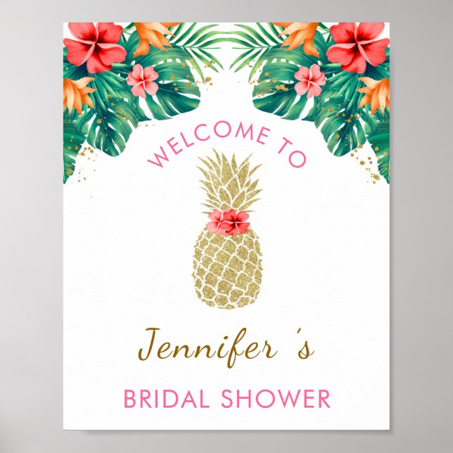 Gold Pineapple Glitter Pink Bridal Shower Welcome Poster (Front)