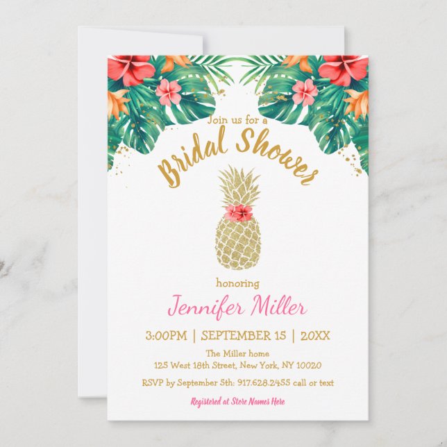 Gold Pineapple Glitter Pink Floral Bridal Shower I Invitation (Front)