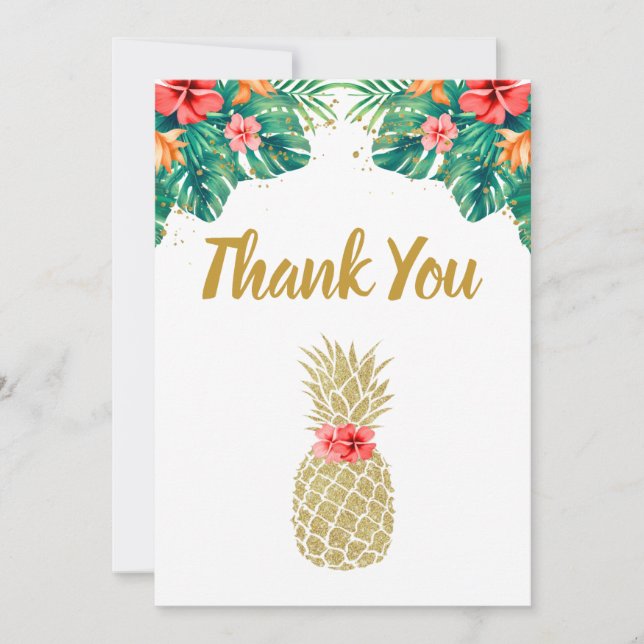 Gold Pineapple Glitter Pink Floral Bridal Shower Thank You Card (Front)