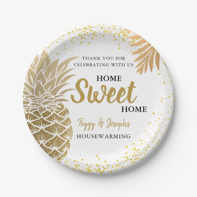 Gold Pineapple Home Sweet Home Housewarming Paper Plate (Front)