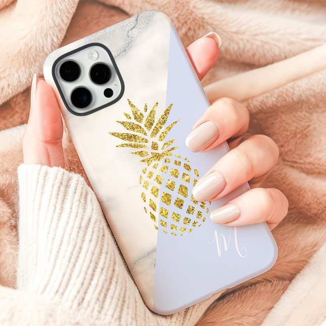 Gold Pineapple Marble Blue Pastel Monogram iPhone Case (Creator Uploaded)