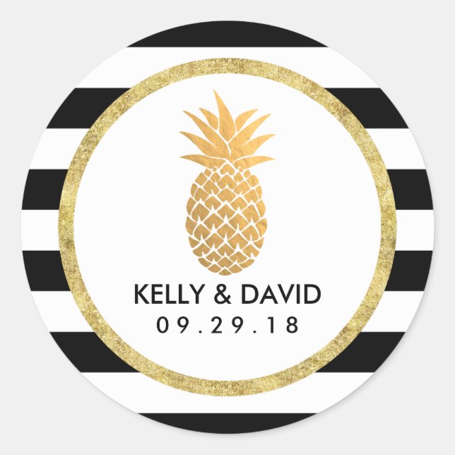 Gold Pineapple Modern Stripes Tropical Wedding Classic Round Sticker (Front)