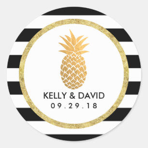 Gold Pineapple Modern Stripes Tropical Wedding Classic Round Sticker