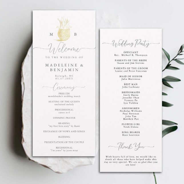 Gold Pineapple Monogram Crest Chic Wedding Program (gold pineapple monogram crest wedding ceremony program elegant modern classic black white formal)