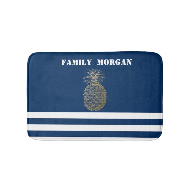 Gold Pineapple Nautical Navy Blue Striped   Bath Mat (Front)