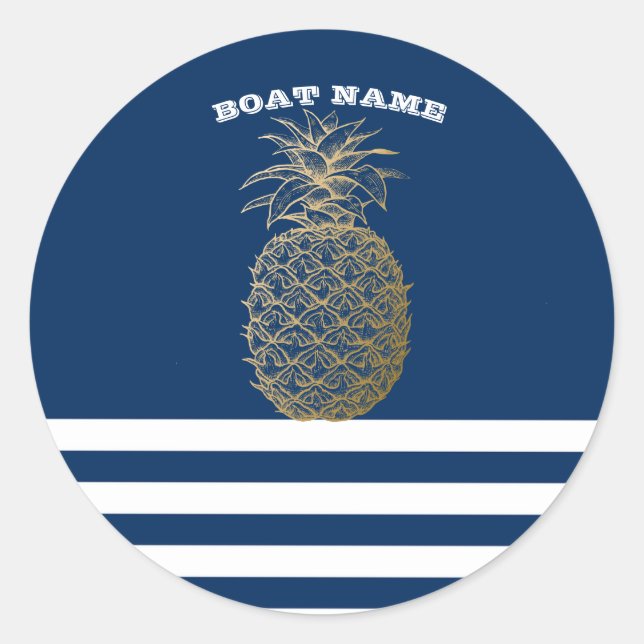 Gold Pineapple Nautical Navy Blue Striped  Classic Round Sticker (Front)