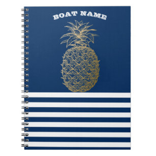 Gold Pineapple Nautical Navy Blue Striped Notebook