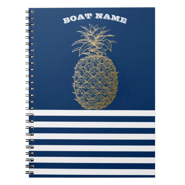 Gold Pineapple Nautical Navy Blue Striped Notebook (Front)
