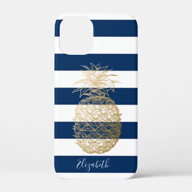 Gold Pineapple ,Navy Blue Striped-Personalised Case-Mate iPhone Case (Back)