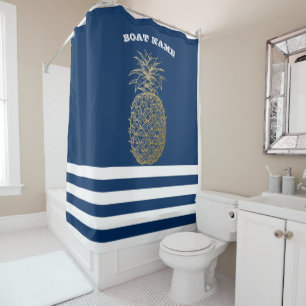 Gold Pineapple  Navy Blue Striped Shower Curtain