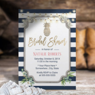 Gold Pineapple Navy Blue Stripes Bridal Shower Invitation
