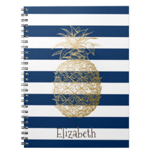 Gold Pineapple Navy Blue Stripes Notebook