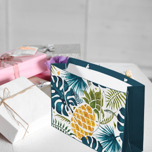 Gold pineapple palm foliage green blue tropical large gift bag