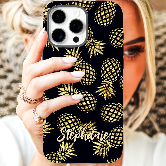 Gold Pineapple Pattern Custom Name iPhone Case (Creator Uploaded)