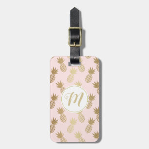 Gold Pineapple Pattern & Monogram Luggage Tag