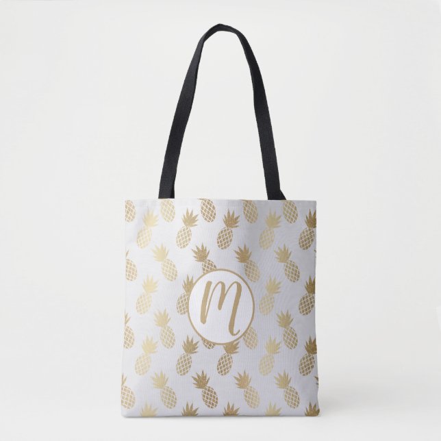 Gold Pineapple Pattern Monogram Tote Bag (Front)