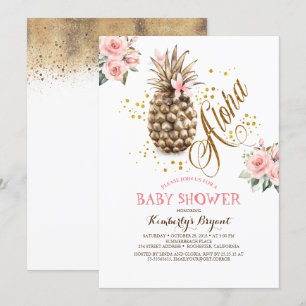 Gold Pineapple Pink Floral Beach Baby Shower Invitation