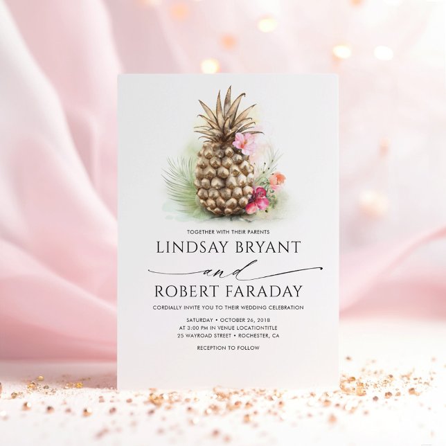 Gold Pineapple Pink Floral Beach Wedding Invitation (Tropical Exotic Island Wedding Invitations)