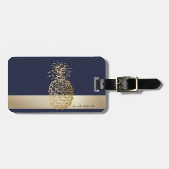 Gold Pineapple,Stripe  -Personalised  Luggage Tag (Front Horizontal)