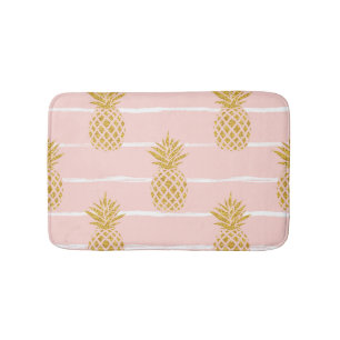 Gold Pineapple, Striped Summer Background. Bath Mat