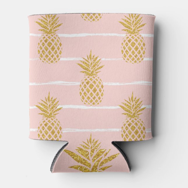Gold Pineapple, Striped Summer Background. Can Cooler (Front)