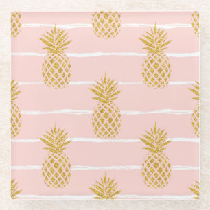 Gold Pineapple, Striped Summer Background. Glass Coaster