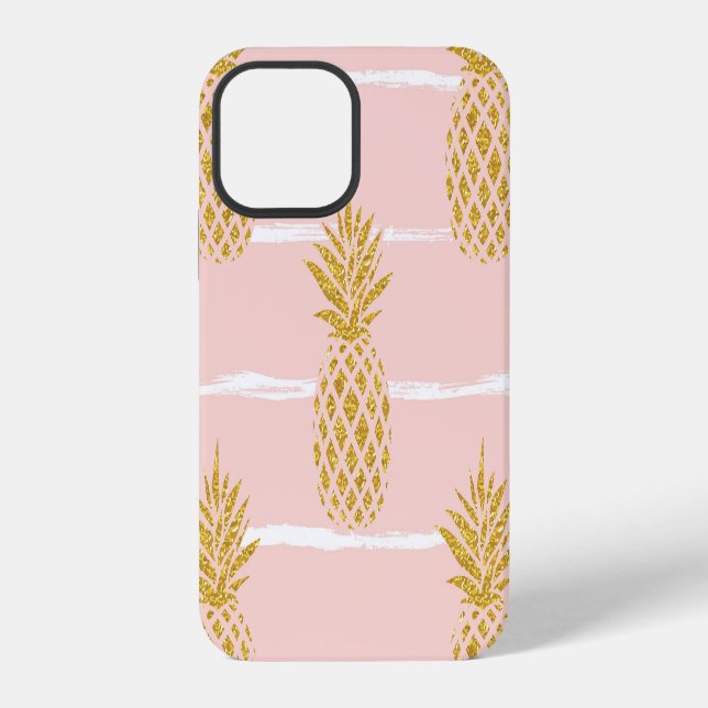 Gold Pineapple, Striped Summer Background. iPhone Case (Back)