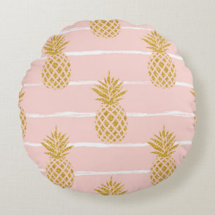 Gold Pineapple, Striped Summer Background. Round Cushion