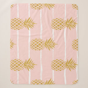 Gold Pineapple, Striped Summer Background. Sherpa Blanket