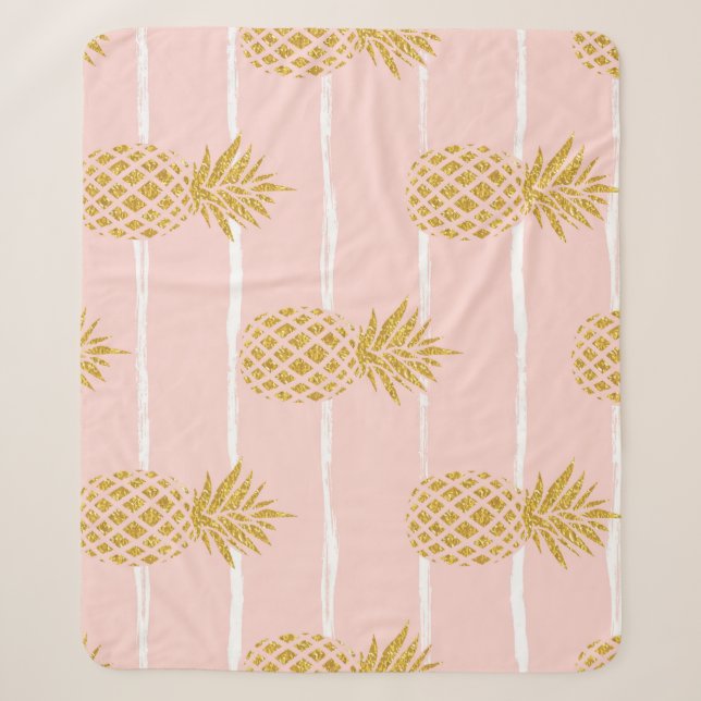 Gold Pineapple, Striped Summer Background. Sherpa Blanket (Front)