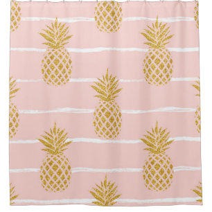 Gold Pineapple, Striped Summer Background. Shower Curtain