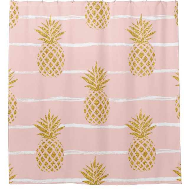 Gold Pineapple, Striped Summer Background. Shower Curtain (Front)