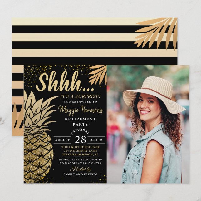 Gold Pineapple Surprise Retirement Party Photo Invitation (Front/Back)