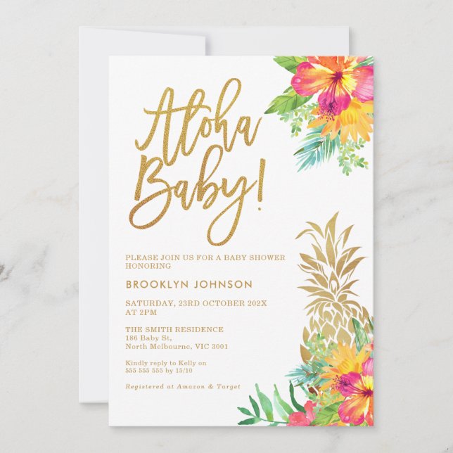 Gold Pineapple Tropical Floral Aloha Baby Shower Invitation (Front)