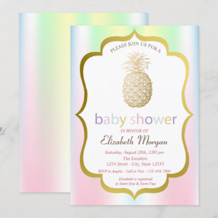 Gold Pineapple Tropical Holographic Baby Shower Invitation