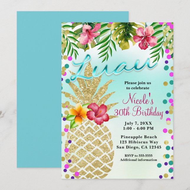 Gold Pineapple & Tropical Leaves Luau Party Invitation (Front/Back)