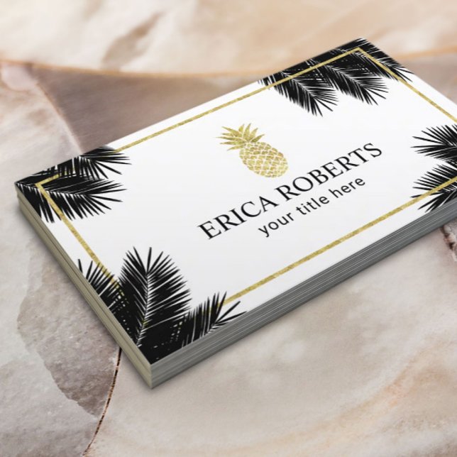 Gold Pineapple Tropical Palm Leaves Modern Business Card (Creator Uploaded)