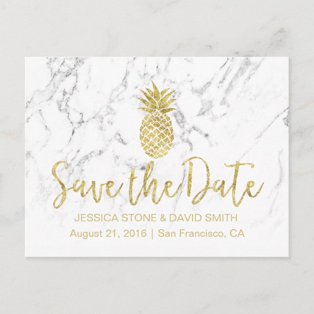 Gold Pineapple White Marble Wedding Save the Date Announcement Postcard (Front)