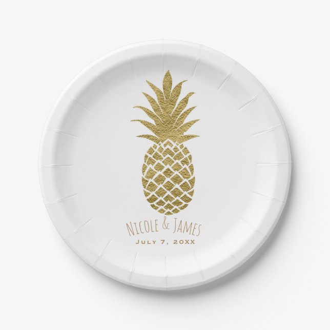 Gold Pineapple White Modern Chic Tropical Party Paper Plate (Front)