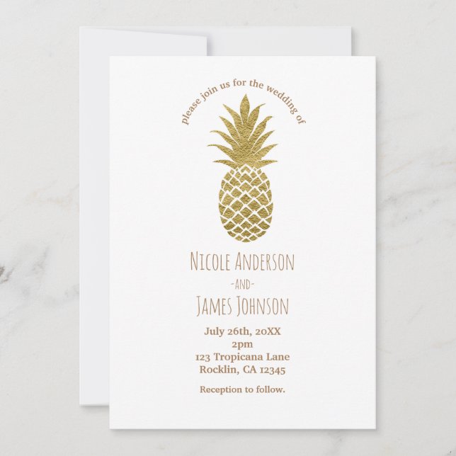 Gold Pineapple White Modern Chic Tropical Wedding Invitation (Front)