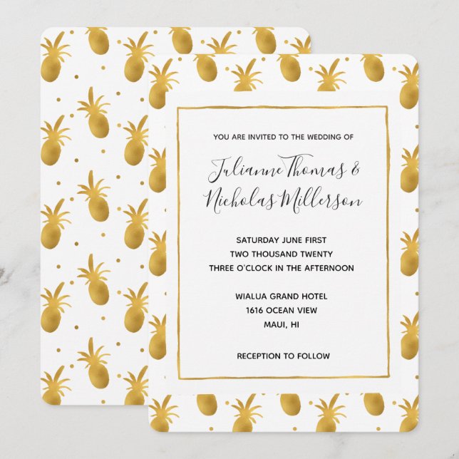 Gold Pineapples and Dots Wedding Invites (Front/Back)