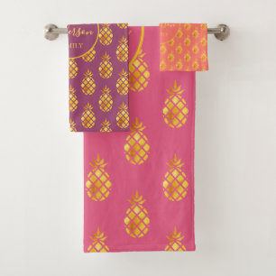 Gold pineapples coral purple pink family name bath towel set