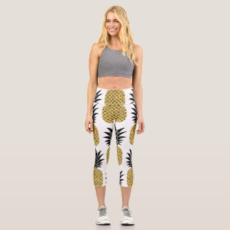 Gold Pineapples: Hand-Drawn White Seamless. Capri Leggings