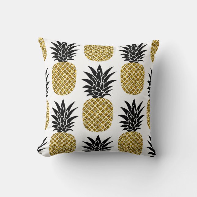 Gold Pineapples: Hand-Drawn White Seamless. Cushion (Front)