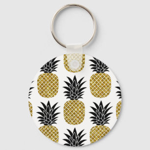 Gold Pineapples: Hand-Drawn White Seamless. Key Ring
